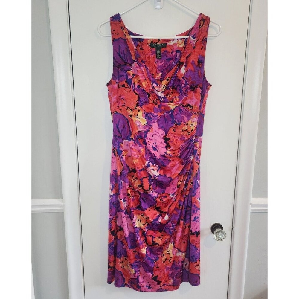 Lauren Ralph Lauren Size 12 Dress Sleeveless V-Neck Purple Pink Floral Faux Wrap